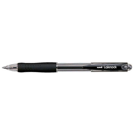 Uni Laknock 0.7mm Retractable Fine Black SN-100 pen with ergonomic grip and smooth 'Free Flow' ink technology.