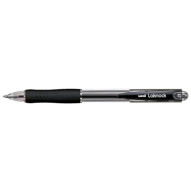 Uni Laknock 0.7mm Retractable Fine Black SN-100 pen with ergonomic grip and smooth 'Free Flow' ink technology.
