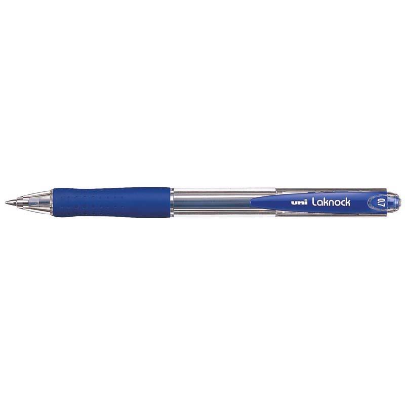Uni Laknock 0.7mm Retractable Fine Blue pen with ergonomic grip and free flow ink for smooth, precise writing.