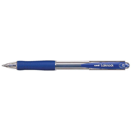 Uni Laknock 0.7mm Retractable Fine Blue pen with ergonomic grip and free flow ink for smooth, precise writing.