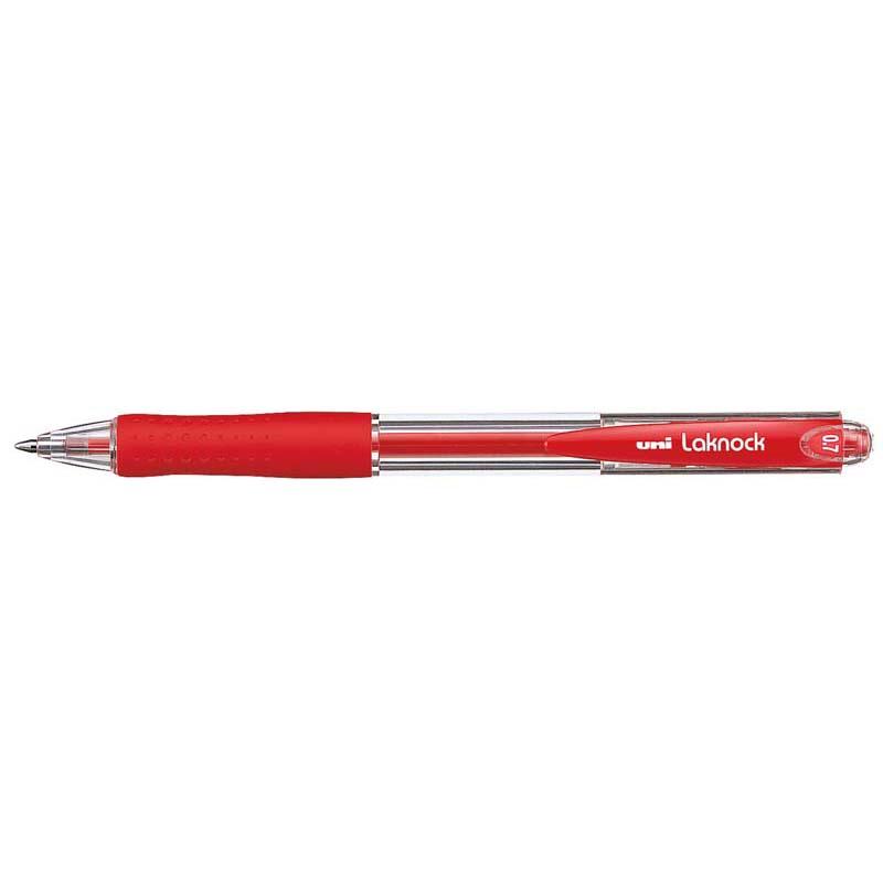 Uni Laknock 0.7mm retractable pen in red with rubber grip and 'Free Flow' ink for smooth writing. Eco-friendly design.