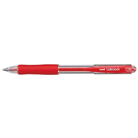 Uni Laknock 0.7mm retractable pen in red with rubber grip and 'Free Flow' ink for smooth writing. Eco-friendly design.