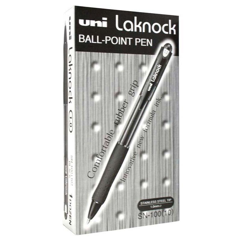 Uni Laknock 1.0mm retractable pen in black with rubber grip and eco-friendly design for seamless writing.