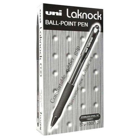 Uni Laknock 1.0mm retractable pen in black with rubber grip and eco-friendly design for seamless writing.