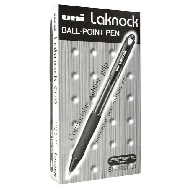 Uni Laknock 1.0mm retractable pen in black with rubber grip and eco-friendly design for seamless writing.