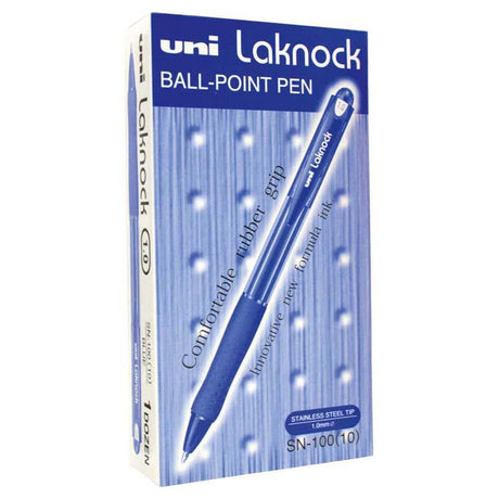 Uni Laknock 1.0mm retractable pen in medium blue, featuring ergonomic grip and eco-friendly design for sustainable writing.
