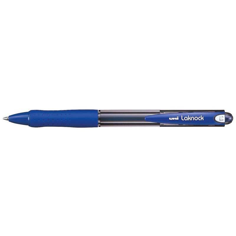 Uni Laknock 1.0mm retractable pen in medium blue, featuring ergonomic grip and eco-friendly design for effortless writing.
