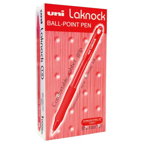 Uni Laknock 1.0mm Medium Red pen showcasing eco-friendly design and ergonomic rubber grip for smooth writing.