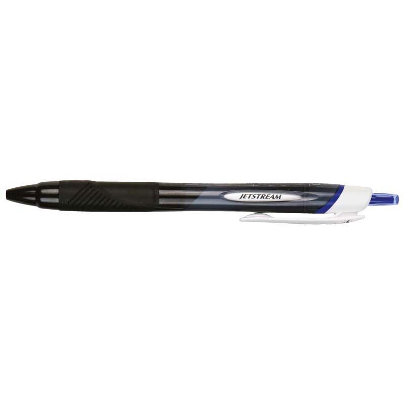 Uni Jetstream Sport pen in blue, featuring a comfortable rubberized grip and smooth 1.0mm nib for effortless writing.