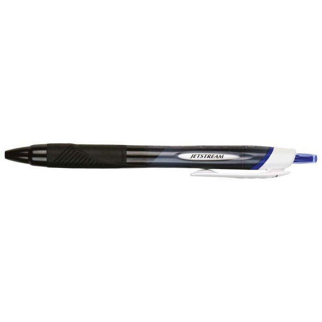 Uni Jetstream Sport pen in blue, featuring a comfortable rubberized grip and smooth 1.0mm nib for effortless writing.