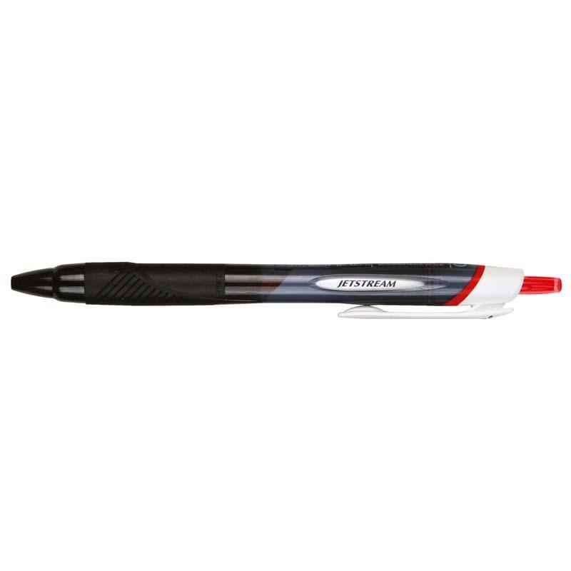 Uni Jetstream Sport Retractable pen in vibrant red with 1.0mm nib, featuring a soft grip and quick-drying ink for effortless writing.