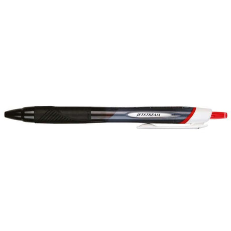 Uni Jetstream Sport Retractable pen in vibrant red with 1.0mm nib, featuring a soft grip and quick-drying ink for effortless writing.