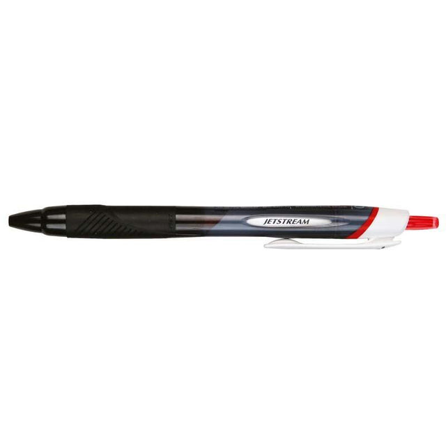 Uni Jetstream Sport Retractable pen in vibrant red with 1.0mm nib, featuring a soft grip and quick-drying ink for effortless writing.