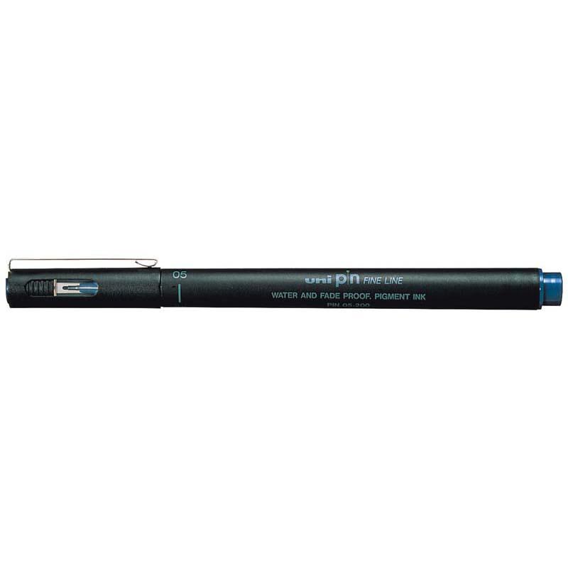 Uni Pin Fineline Permanent marker in blue with a 0.5mm tip, ideal for precise artistic and technical illustrations.