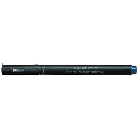Uni Pin Fineline Permanent marker in blue with a 0.5mm tip, ideal for precise artistic and technical illustrations.
