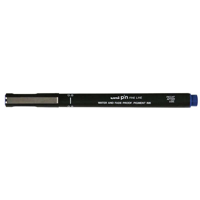 Uni Pin Fineline Permanent 0.8mm blue marker for precise writing and drawing, featuring waterproof, fade-proof ink.
