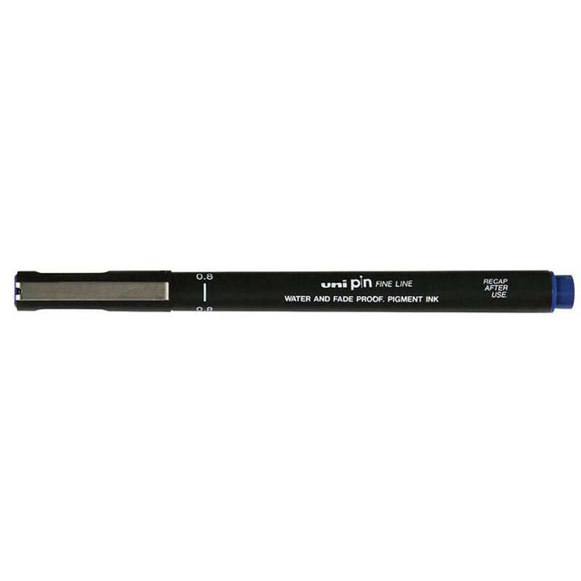 Uni Pin Fineline Permanent 0.8mm blue marker for precise writing and drawing, featuring waterproof, fade-proof ink.