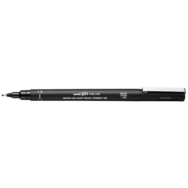 Uni Pin Fineline Permanent 1.2mm Black drawing pen, ideal for precise, bold lines and intricate details with water-resistant ink.