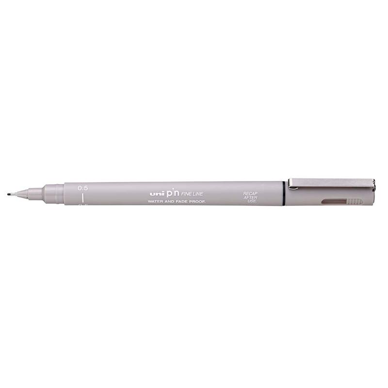 Uni Pin Fineline Permanent 0.5 mm pen in light grey, ideal for precision drawing and note-taking with waterproof ink.