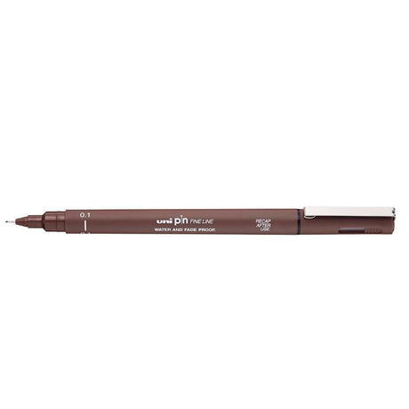 Uni Pin Fineline 0.1 mm Sepia pen, featuring ultra-smooth waterproof ink for precision artistry and detailed designs.