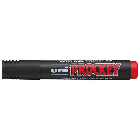 Uni Prockey Marker PM-126: Red chisel tip permanent marker, waterproof and odourless, ideal for vibrant marking and crafting.