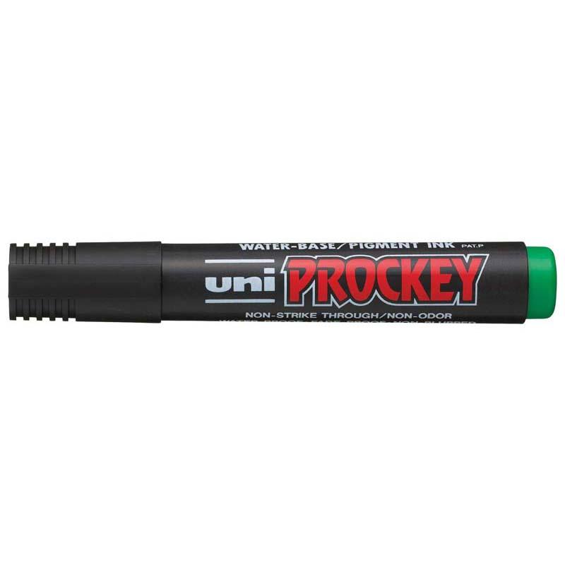 Uni Prockey Marker in vibrant green, featuring a 5.7mm chisel tip for bold lines and fine details, suitable for various surfaces.