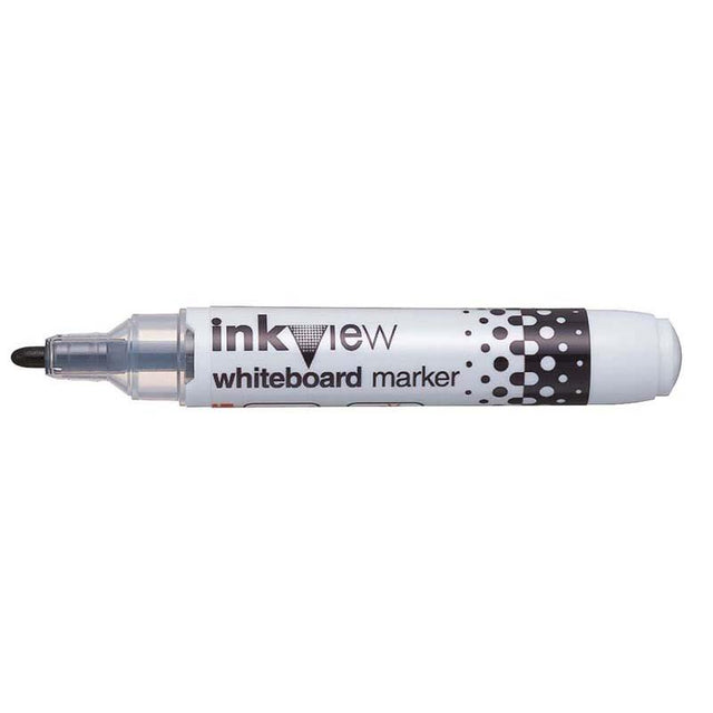Uni Inkview black bullet marker with transparent barrel and precision tip for clear whiteboard writing.