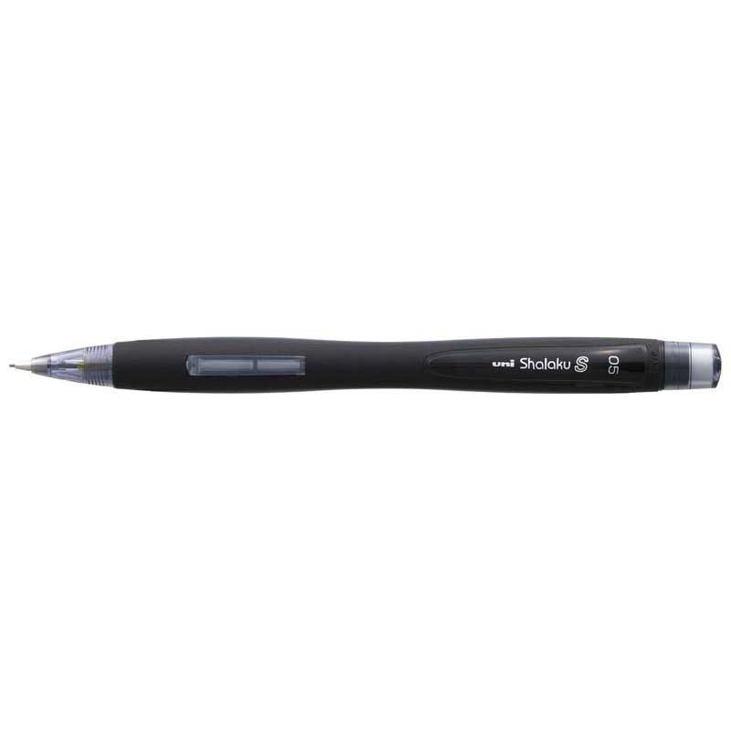 Uni Shalaku S Mechanical Pencil with sleek black barrel, 0.5mm lead, side click mechanism, and built-in eraser.