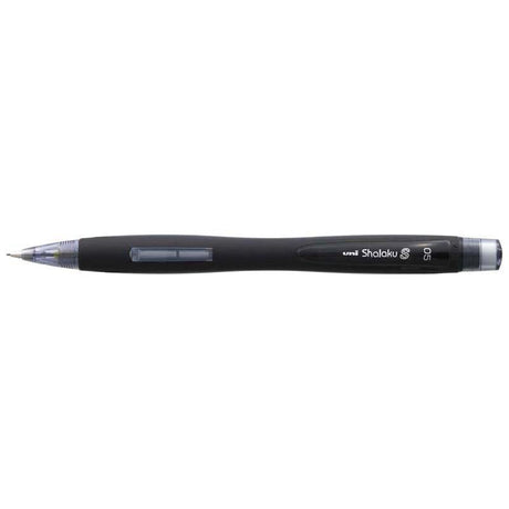 Uni Shalaku S Mechanical Pencil with sleek black barrel, 0.5mm lead, side click mechanism, and built-in eraser.