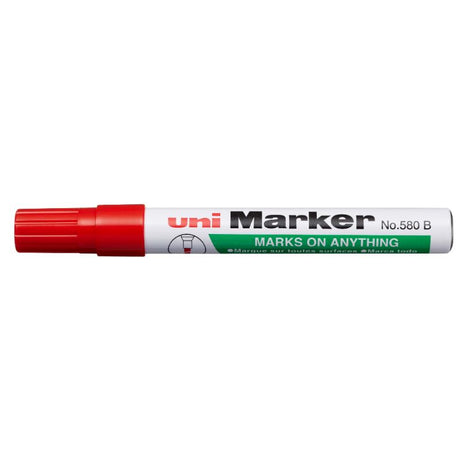 Uni Permanent Chisel Tip Marker in red, features a versatile chisel tip for varied line widths on multiple surfaces.