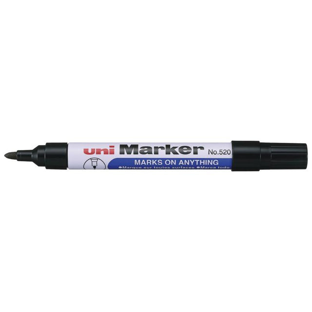 Uni Permanent Bullet Tip Marker in black, versatile for various surfaces with smudge-proof, waterproof, and long-lasting ink.