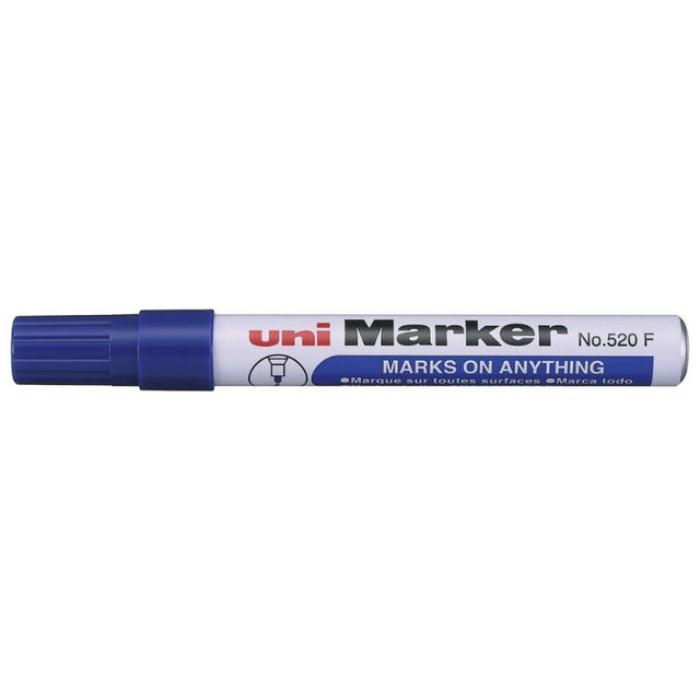 Uni Permanent Bullet Tip Marker in blue, versatile and permanent for marking on various surfaces, with medium bullet tip.
