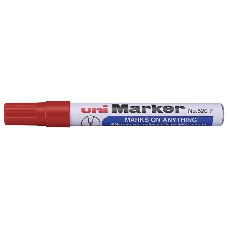 Uni Permanent Bullet Tip Marker in vibrant red, perfect for bold, smudge-proof marking on various surfaces.