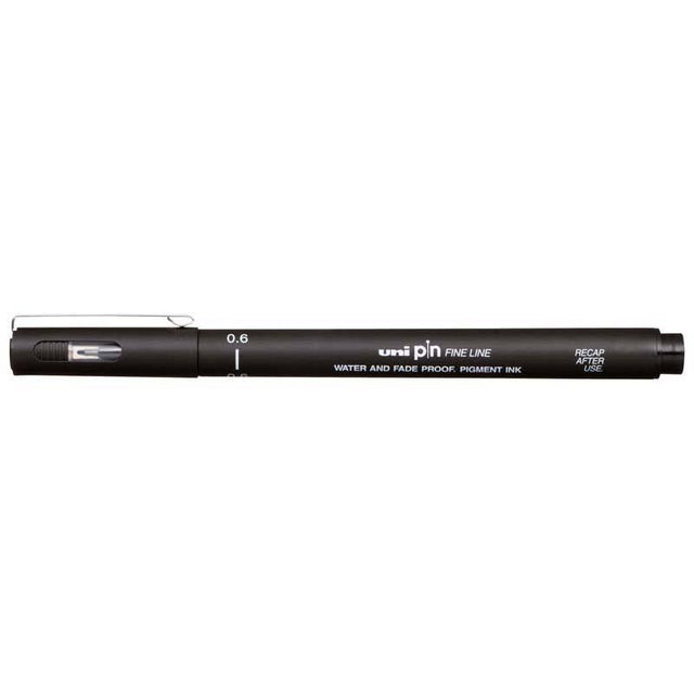 Uni Pin Fineline Permanent 0.6mm black marker for precision drawing, fine lettering, and detailed illustrations.
