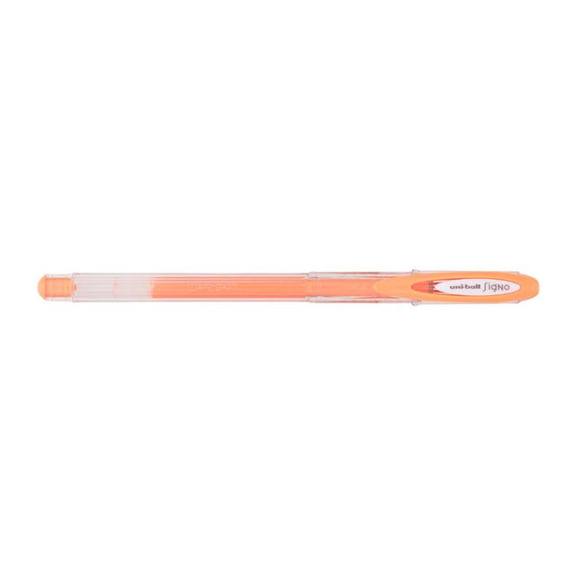 Vibrant orange Uni-Ball Signo Angelic 0.7mm gel pen, ideal for creative writing and journaling with smooth, waterproof ink.