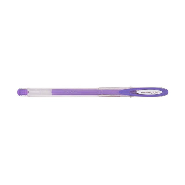 Violet Uni-Ball Signo Angelic gel pen with 0.7mm tip, designed for smooth writing and vibrant creativity.