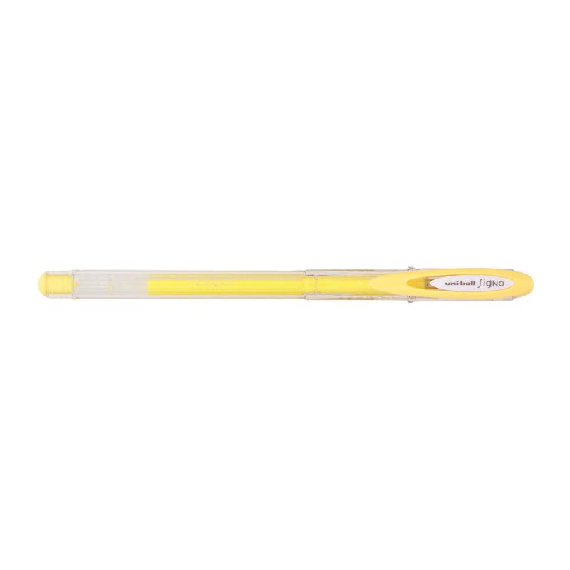 Vibrant yellow Uni-Ball Signo Angelic gel pen with 0.7mm tip, perfect for smooth writing and creative projects.