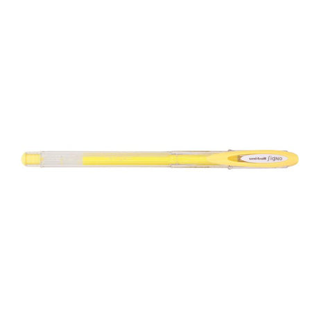 Vibrant yellow Uni-Ball Signo Angelic gel pen with 0.7mm tip, perfect for smooth writing and creative projects.
