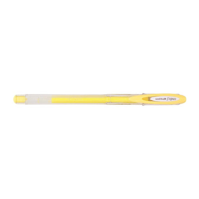 Vibrant yellow Uni-Ball Signo Angelic gel pen with 0.7mm tip, perfect for smooth writing and creative projects.