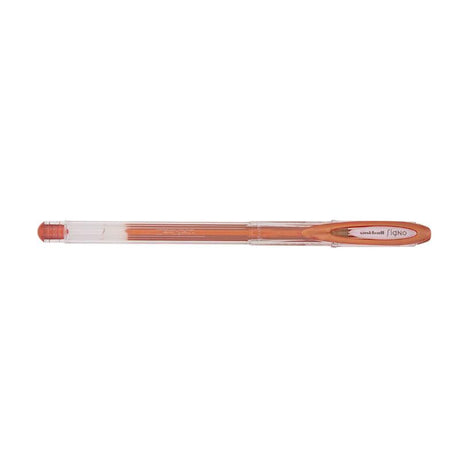 Uni-Ball Signo Noble 0.8mm gel pen with luxurious metallic bronze ink for smooth, bold writing and creative projects.