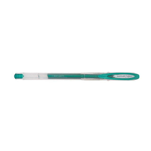 Metallic green Uni-Ball Signo Noble 0.8mm gel pen, perfect for vibrant writing and artistic projects.