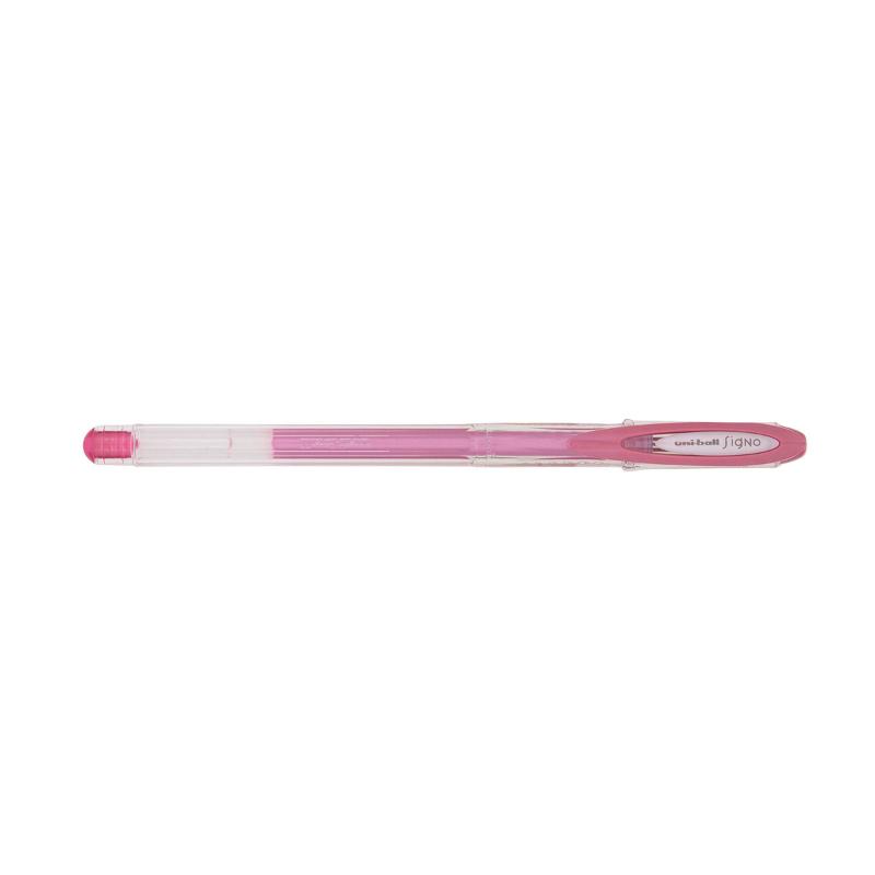 Metallic pink Uni-Ball Signo Noble 0.8mm gel pen, ideal for creative work with smooth ink flow and capped design.