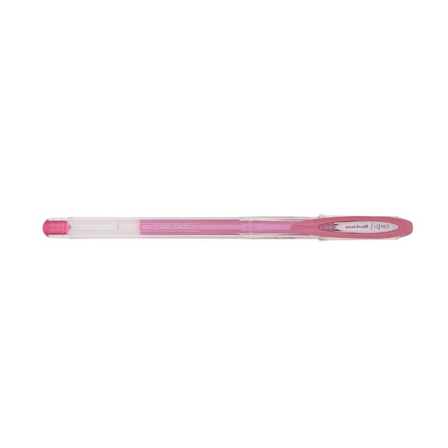Metallic pink Uni-Ball Signo Noble 0.8mm gel pen, ideal for creative work with smooth ink flow and capped design.