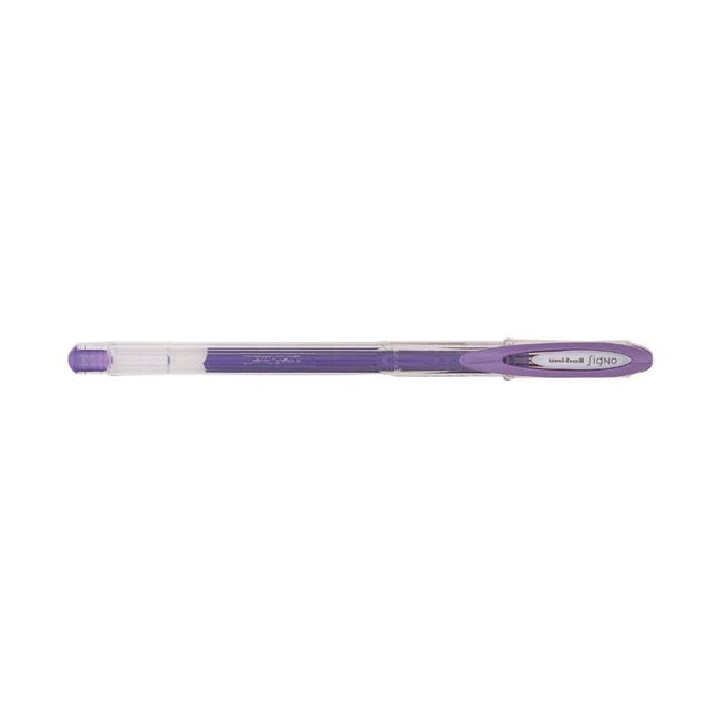 Uni-Ball Signo Noble metallic violet gel pen with 0.8mm tip for smooth writing and vibrant artistic effects.