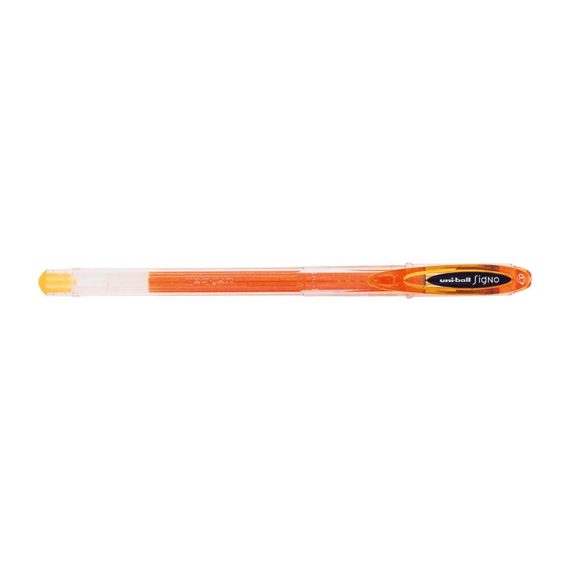 Uni-ball Signo Fine 0.7mm gel pen in vibrant orange, perfect for smooth, skip-free writing and creative expression.