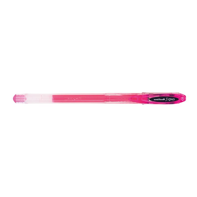 Uni-ball Signo Fine 0.7mm Capped Pink gel pen with vibrant ink, ideal for detailed writing and creative projects.