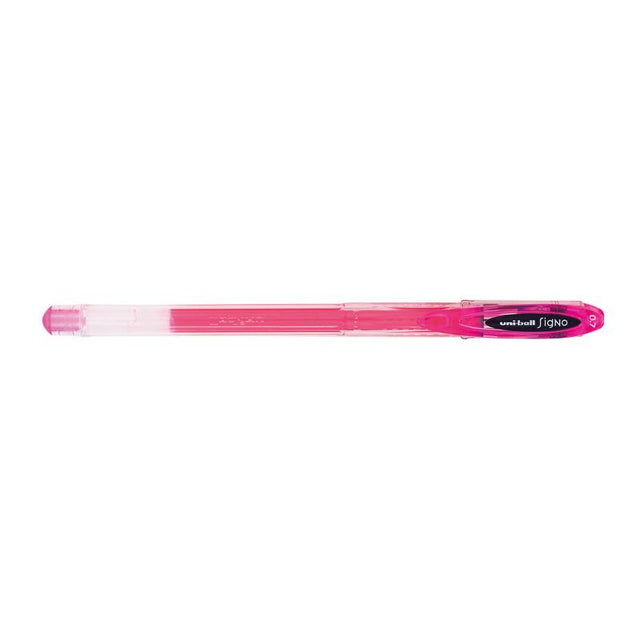 Uni-ball Signo Fine 0.7mm Capped Pink gel pen with vibrant ink, ideal for detailed writing and creative projects.