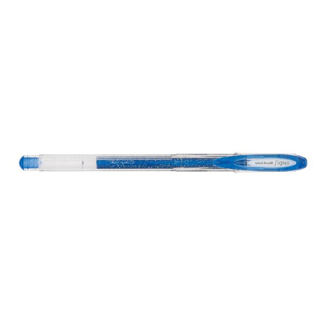 Uni-Ball Signo Sparkling 0.7mm Capped Blue gel pen with vibrant ink, perfect for students and artists.
