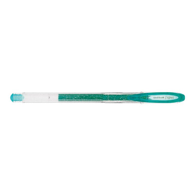 Vibrant green Uni-Ball Signo Sparkling gel pen with 0.7mm tip, ideal for creative writing and art projects.