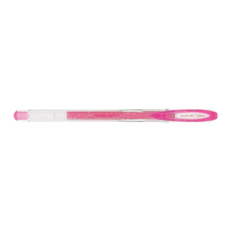 Vibrant pink Uni-Ball Signo Sparkling gel pen with 0.7mm tip, perfect for creative writing and art projects.